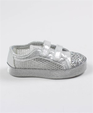 21-35 Numara Kız Çocuk Yüksek Taban Süslü Gümüş Bez Ayakkabı