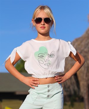 4-14 Yaş Kız Çocuk Kolları Modelli Krem Tshirt